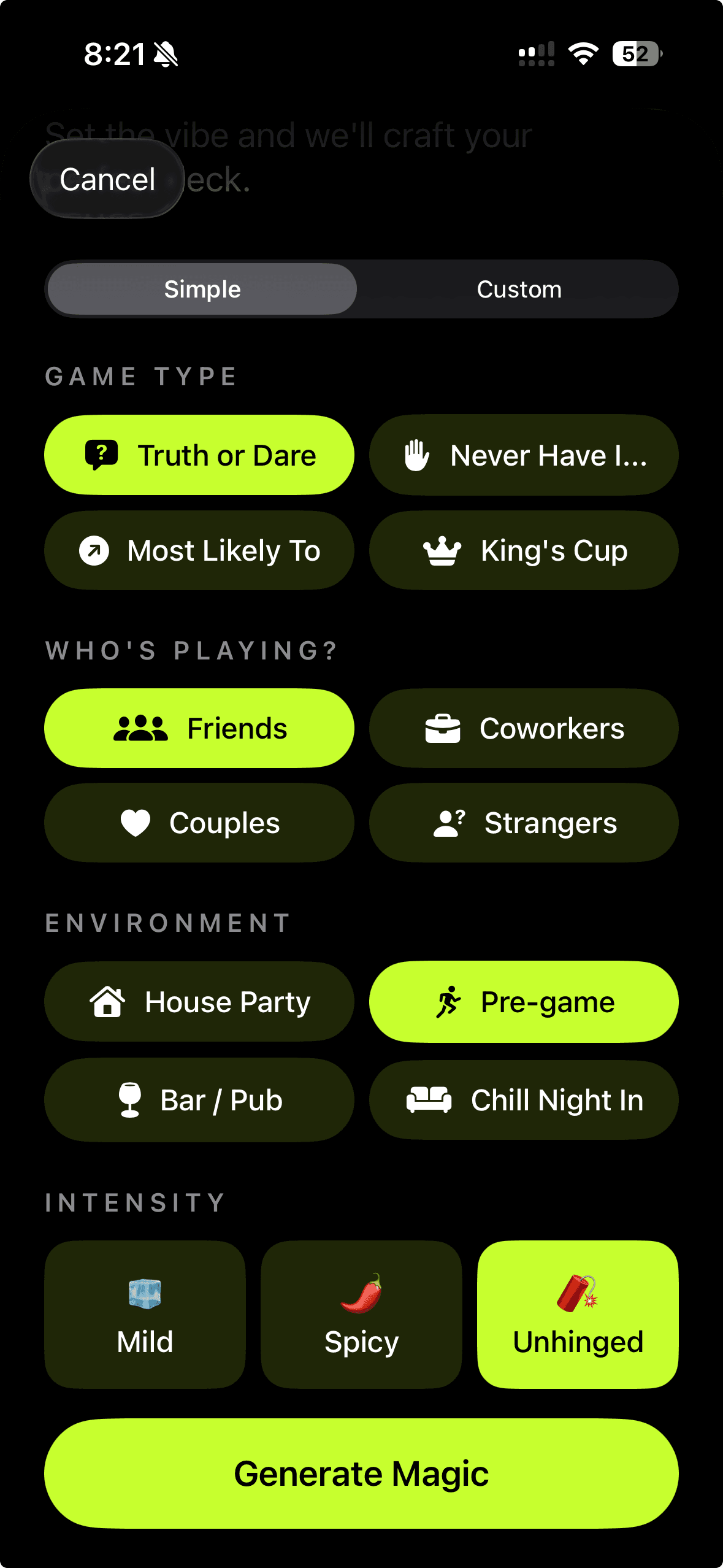Drunk Cards AI deck creation screen on iPhone