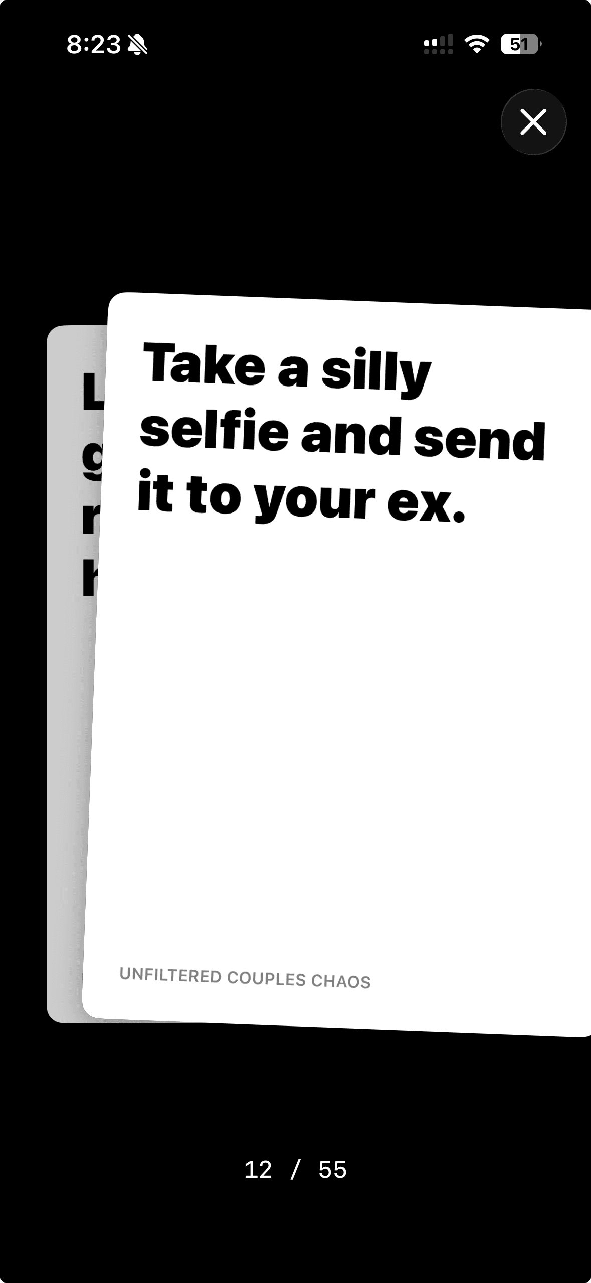 A Drunk Cards card mid-swipe in gameplay